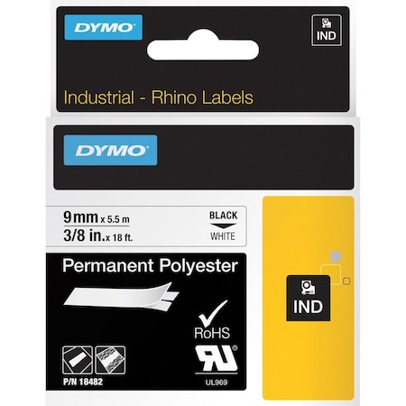 Dymo Label, Industrial, Perm Poly, 3/8"x18', White DYM18482